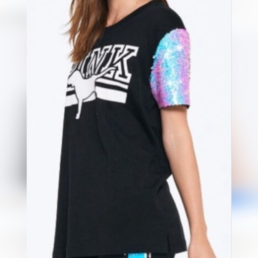 PINK Victoria's Secret Black Tee with Sequin Sleeves size XS